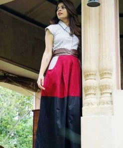 Label RishMaan Uptown Contemporary Vibes Of Stripes Patchwork - Maroon