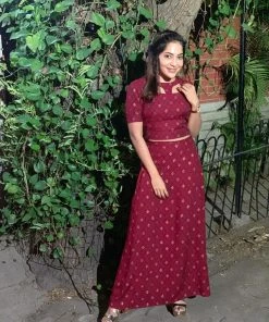 Label RishMaan Royal Synonym - Maroon Gold - Crop Top Skirt Uptown Contemporary