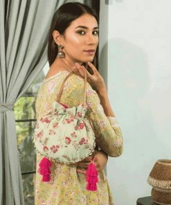 AMYRA Purse & Potli GUL EMBROIDERED SILK POTLI - MINT WITH PINK TASSELS