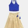 The Anarkali Store Blue Crop Top And Light Gold Skirt