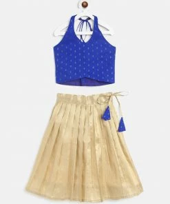 The Anarkali Store Blue Crop Top And Light Gold Skirt