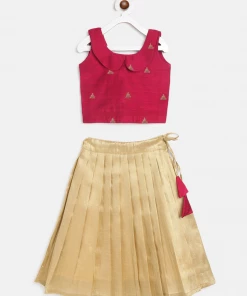The Anarkali Store Pink Crop Top And Light Gold Skirt