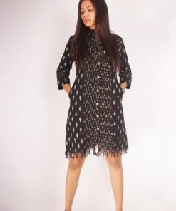Threeness Breezy Summer Black Ikat Fringe Shirt Dress