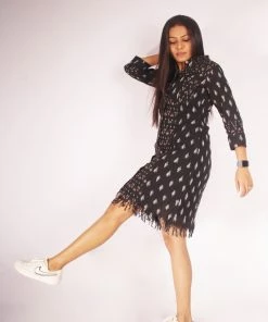 Threeness Breezy Summer Black Ikat Fringe Shirt Dress