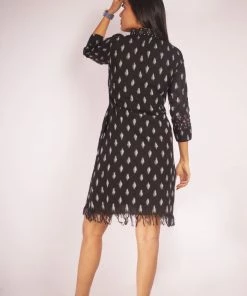 Threeness Breezy Summer Black Ikat Fringe Shirt Dress