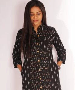 Threeness Breezy Summer Black Ikat Fringe Shirt Dress