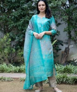 PRINTS VALLEY Ayushi-Turquoise Shaded Bhandej Set Jaipur Tales