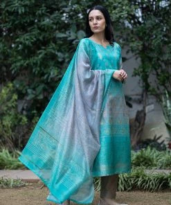 PRINTS VALLEY Ayushi-Turquoise Shaded Bhandej Set Jaipur Tales