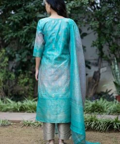 PRINTS VALLEY Ayushi-Turquoise Shaded Bhandej Set Jaipur Tales