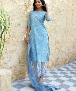 PRINTS VALLEY Jaipur Tales Blue Floral White Buti Kurta Set