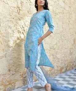 PRINTS VALLEY Jaipur Tales Blue Floral White Buti Kurta Set