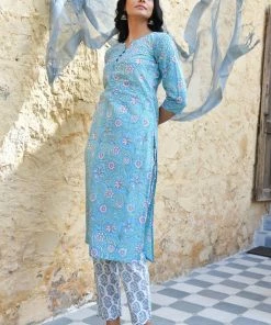 PRINTS VALLEY Jaipur Tales Blue Floral White Buti Kurta Set