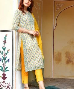 PRINTS VALLEY Green Yellow Buti Border Set Jaipur Tales