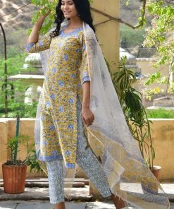 PRINTS VALLEY Jaipur Tales Yellow Blue Floral Kurta Set