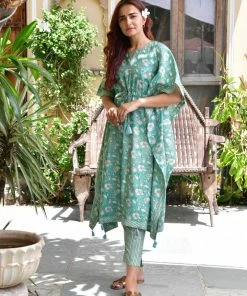 PRINTS VALLEY Turquoise Floral Stripe Kaftan Set Jaipur Tales