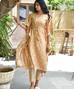 PRINTS VALLEY Mustard Floral Stripe Kaftan Set