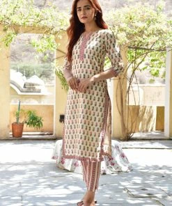 PRINTS VALLEY Jaipur Tales Biege Blue Pink Buti Kurta Set