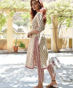 PRINTS VALLEY Jaipur Tales Biege Blue Pink Buti Kurta Set