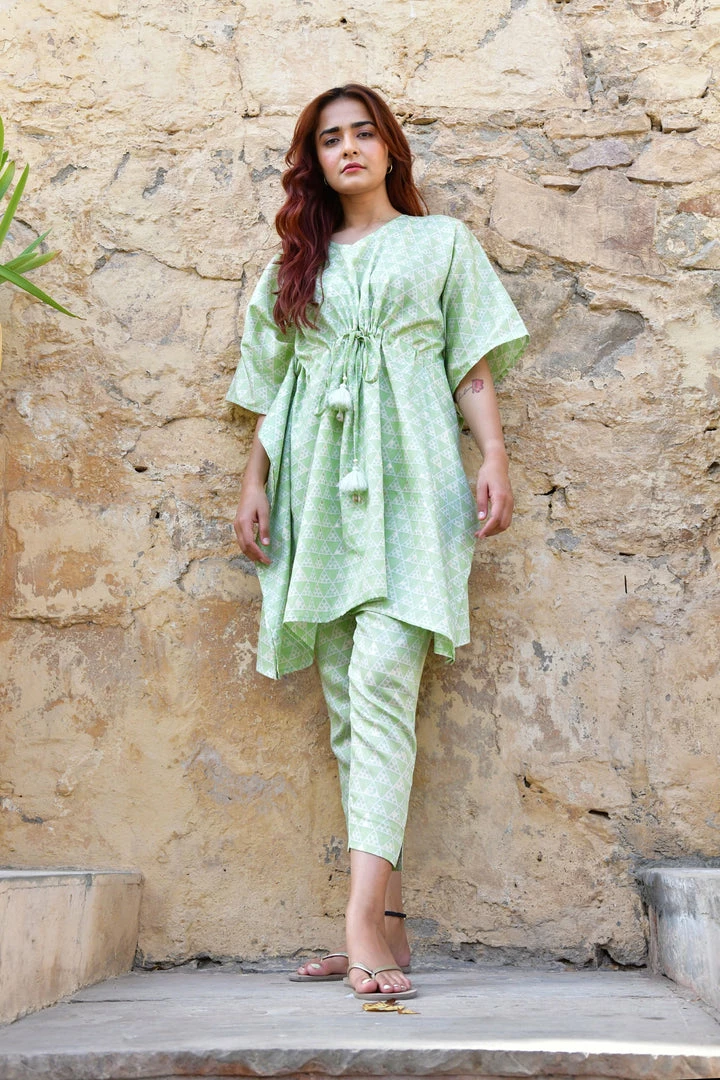 PRINTS VALLEY Pastel Green Triangle Kaftan Set Jaipur Tales 1 PRINTS VALLEY Pastel Green Triangle Kaftan Set Jaipur Tales