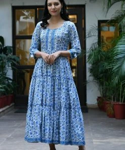 PRINTS VALLEY Blue Floral Frill Dress