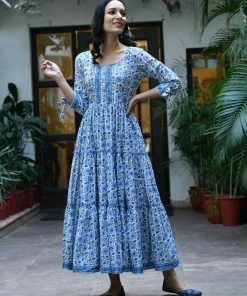 PRINTS VALLEY Blue Floral Frill Dress