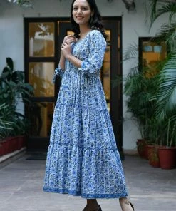 PRINTS VALLEY Blue Floral Frill Dress