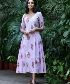 PRINTS VALLEY Pink Stripe Buta Pleats Dress Jaipur Tales