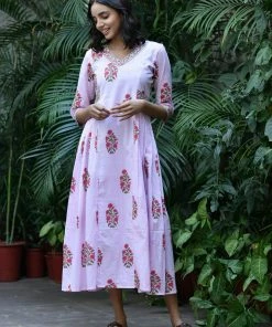 PRINTS VALLEY Pink Stripe Buta Pleats Dress Jaipur Tales