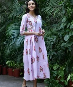 PRINTS VALLEY Pink Stripe Buta Pleats Dress Jaipur Tales