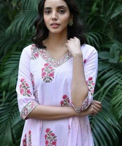 PRINTS VALLEY Pink Stripe Buta Pleats Dress Jaipur Tales