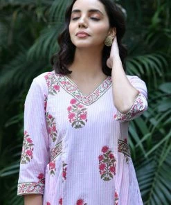 PRINTS VALLEY Pink Stripe Buta Pleats Dress Jaipur Tales