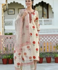 PRINTS VALLEY Jaipur Tales Beige Red Mughal Buta Kurta Set