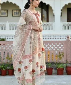 PRINTS VALLEY Jaipur Tales Beige Red Mughal Buta Kurta Set