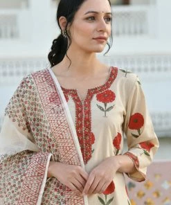 PRINTS VALLEY Jaipur Tales Beige Red Mughal Buta Kurta Set