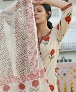 PRINTS VALLEY Jaipur Tales Beige Red Mughal Buta Kurta Set