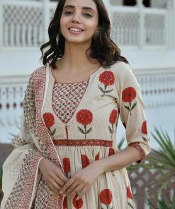 PRINTS VALLEY Beige Red Mughal Buta Dress Set