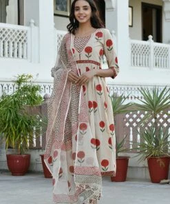 PRINTS VALLEY Beige Red Mughal Buta Dress Set