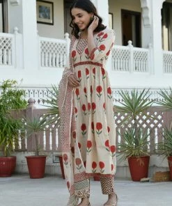 PRINTS VALLEY Beige Red Mughal Buta Dress Set