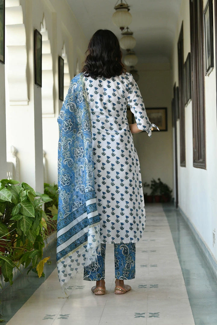 PRINTS VALLEY Jaipur Tales White Blue Buti Floral Set 6 PRINTS VALLEY Jaipur Tales White Blue Buti Floral Set