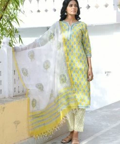 PRINTS VALLEY Yellow Blue Buti Mughal Kurta Set Jaipur Tales