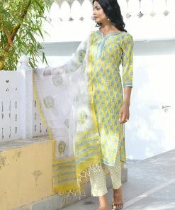 PRINTS VALLEY Yellow Blue Buti Mughal Kurta Set Jaipur Tales