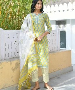 PRINTS VALLEY Yellow Blue Buti Mughal Kurta Set Jaipur Tales