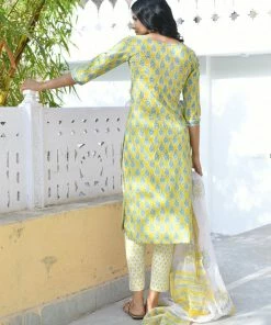 PRINTS VALLEY Yellow Blue Buti Mughal Kurta Set Jaipur Tales