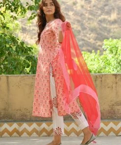 PRINTS VALLEY Pastel Red Mughal Print Kurta Set Jaipur Tales