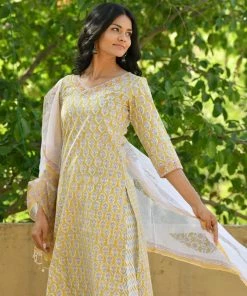 PRINTS VALLEY Mustard Grey Buti Kurta Set Jaipur Tales