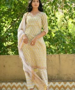 PRINTS VALLEY Mustard Grey Buti Kurta Set Jaipur Tales