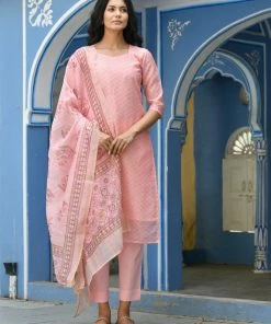 PRINTS VALLEY Jaipur Tales Pink Chanderi Print Kurta Set