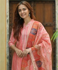 PRINTS VALLEY Pink Stripe Chanderi Print Kurta Set