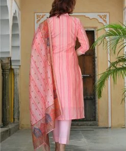 PRINTS VALLEY Pink Stripe Chanderi Print Kurta Set