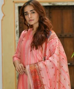 PRINTS VALLEY Pink Stripe Chanderi Print Kurta Set